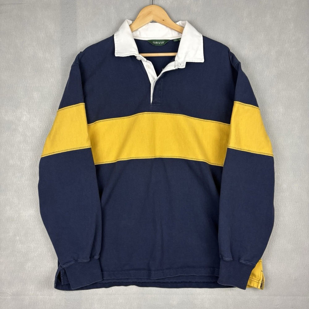 Orvis Rugby Shirt Men's XL Blue Yellow Striped Long Sleeve Gussets Heavyweight